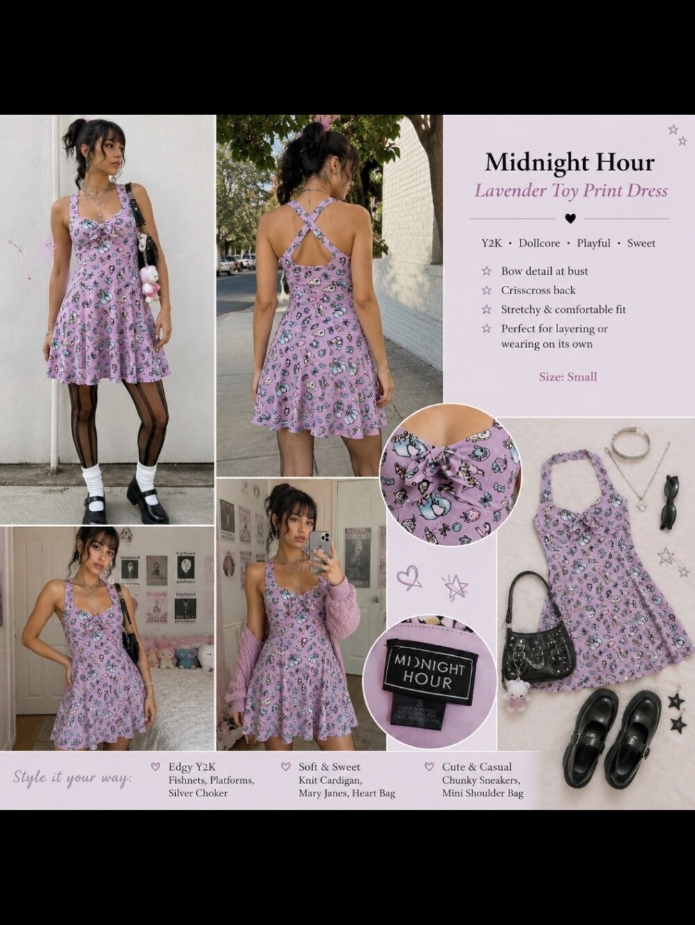 Midnight Hour ~ Lavender Toy Print Retro Mini Dress (Cross-Back) Size Small